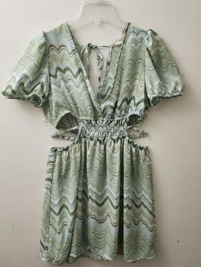 No Comment L Green Marbled Open Midriff Mini Dress Fairycore Coquette Festival